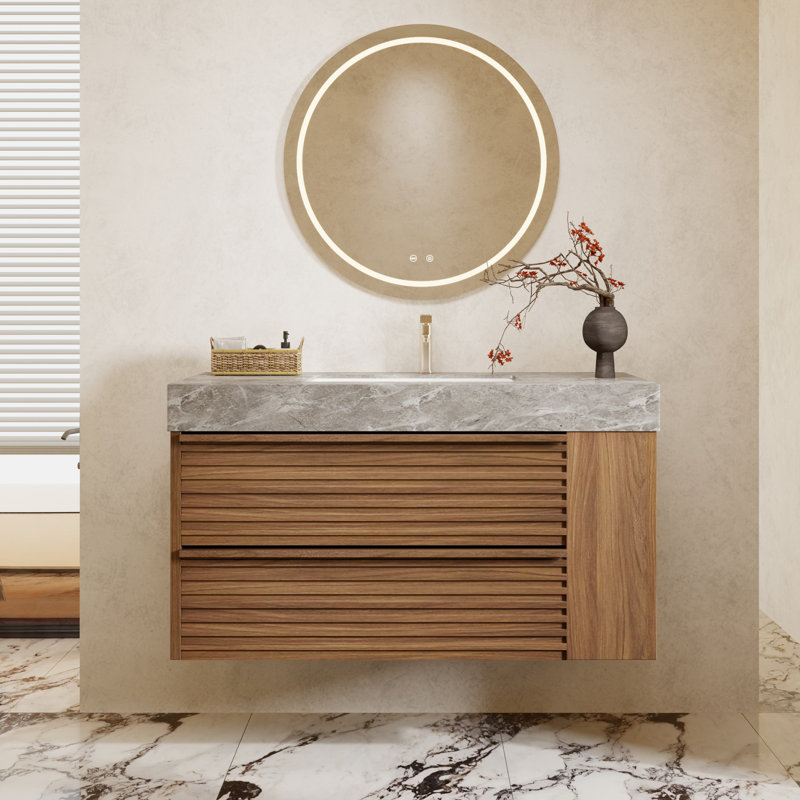 Meuble-lavabo moderne 36 po avec plateau en pierre frittée, 2 tiroirs, meuble-lavabo mural pré-assemblé, Noyer