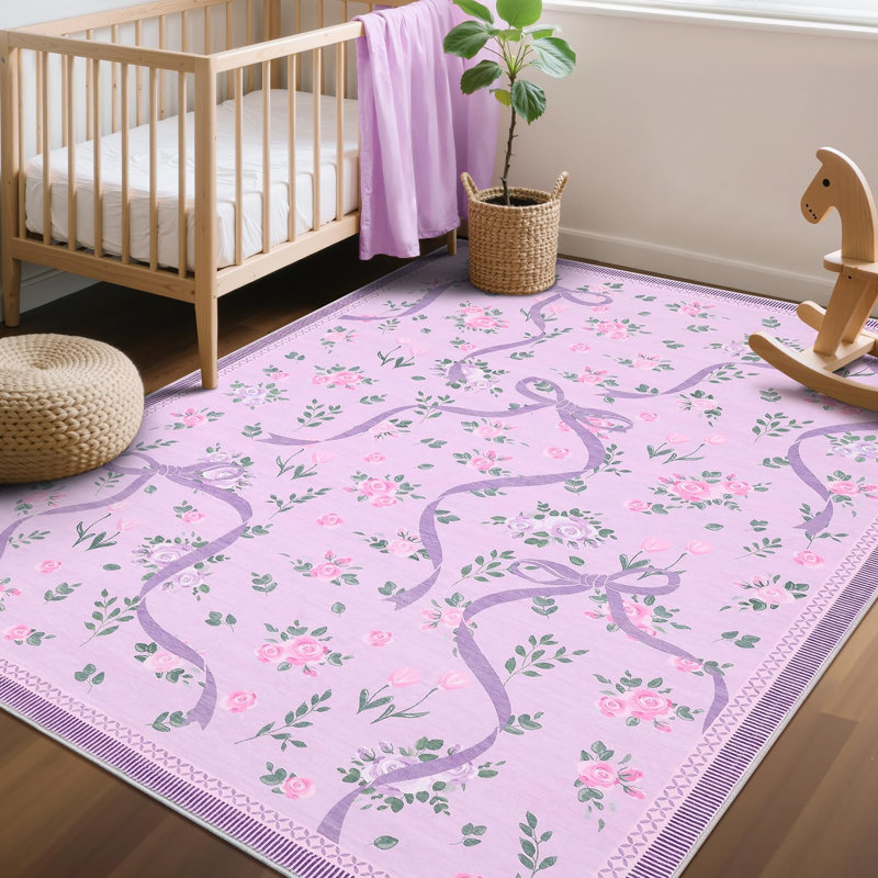 Washable Area Rug Bow Décor, Purple, Rectangle 3' x 5'
