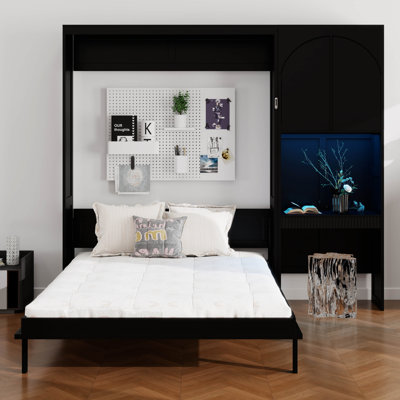 Murphy Bed with Desk, Storage Cabinet, LED Light, Drawer, Foldable Wall Bed, Space-Saving Murphy Bed
