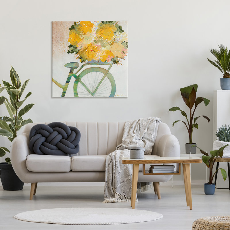 Vélo avec fleurs abstraites sur toile par Ruth Fromstein, H 36 po x l 36 po
