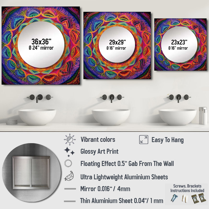 Grand miroir mural carré Lakeyah - Boho Mandala, 36 po x 36 po