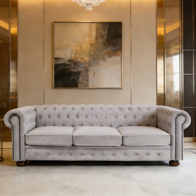 Canapé Chesterfield en lin 88,5 po avec garniture cloutée et pieds en bois massif