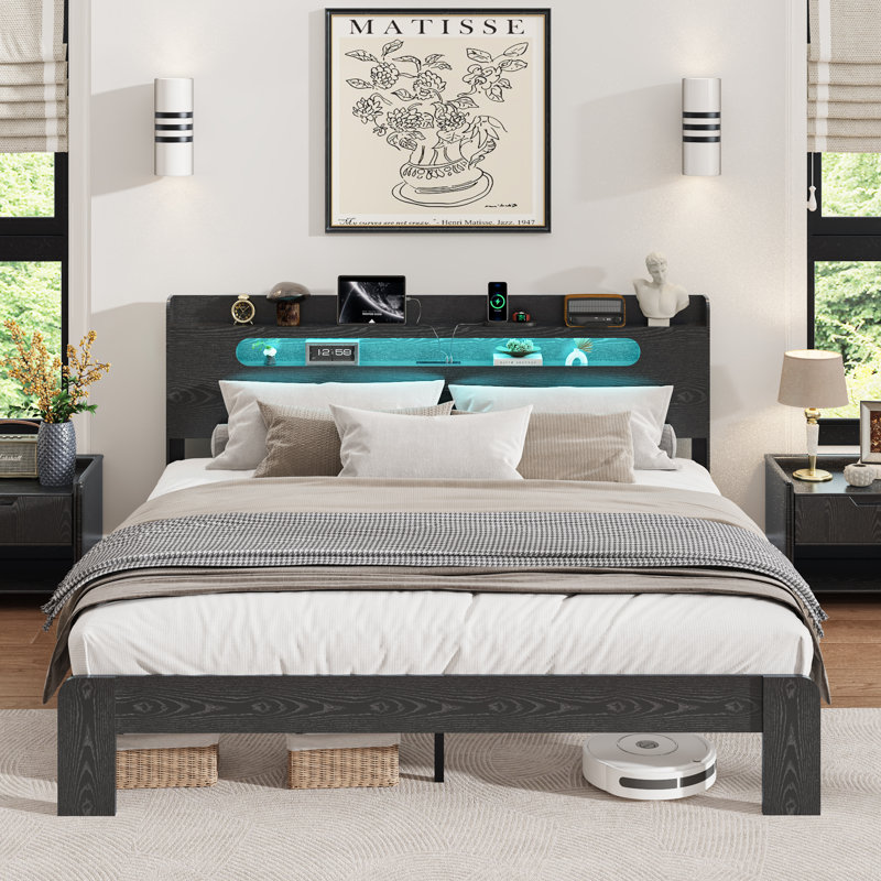Farmhouse Platform Bed Frame with Storage Headboard, Wooden Bed Frame with Charging Station & Led Lights, King