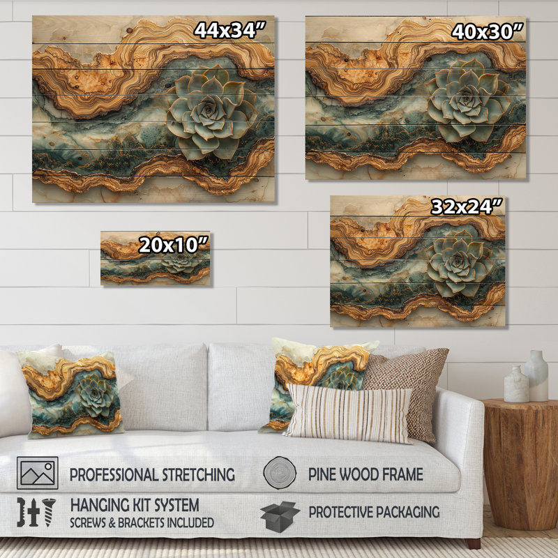 Wooden Succulent Flowers Into The River III - Succulent Wood Wall Art - On Natural Pine Wood, 30" H x 40" W x 0.78" D