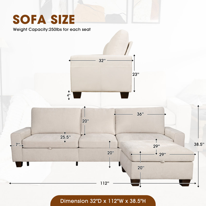 Canapé modulaire en L 112 po avec rangement en L 112 po, Beige