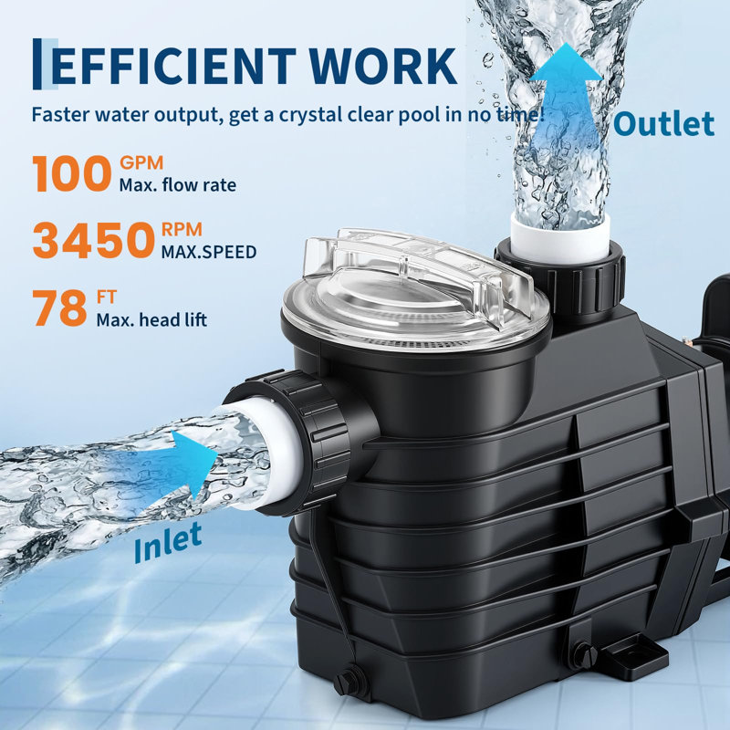 Pompe de piscine auto-amorçante 2,5 HP à double puissance - Circulation robuste à une vitesse - Moteur en cuivre 6240 GPH - Panier à crépine - Pour piscines et spas hors-sol / creusés - Certifié ETL / DOE