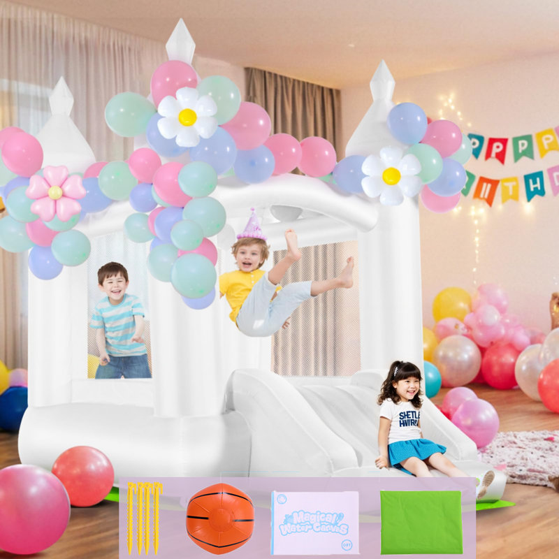 8.46' X 5.84' White Bounce House With Slide