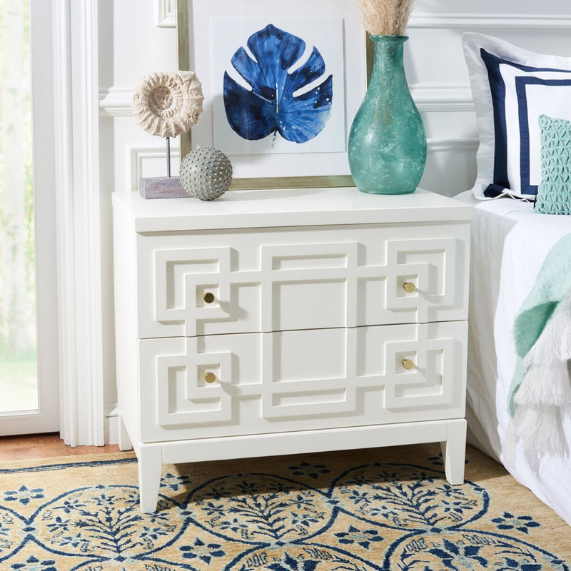 Elegant Holdenville 31.5'' W Nightstand – White Wood with Geometric Design, Gold Handles & 2 Drawers