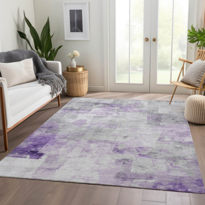 Lavender and Gray Abstract Washable Indoor/Outdoor Rug