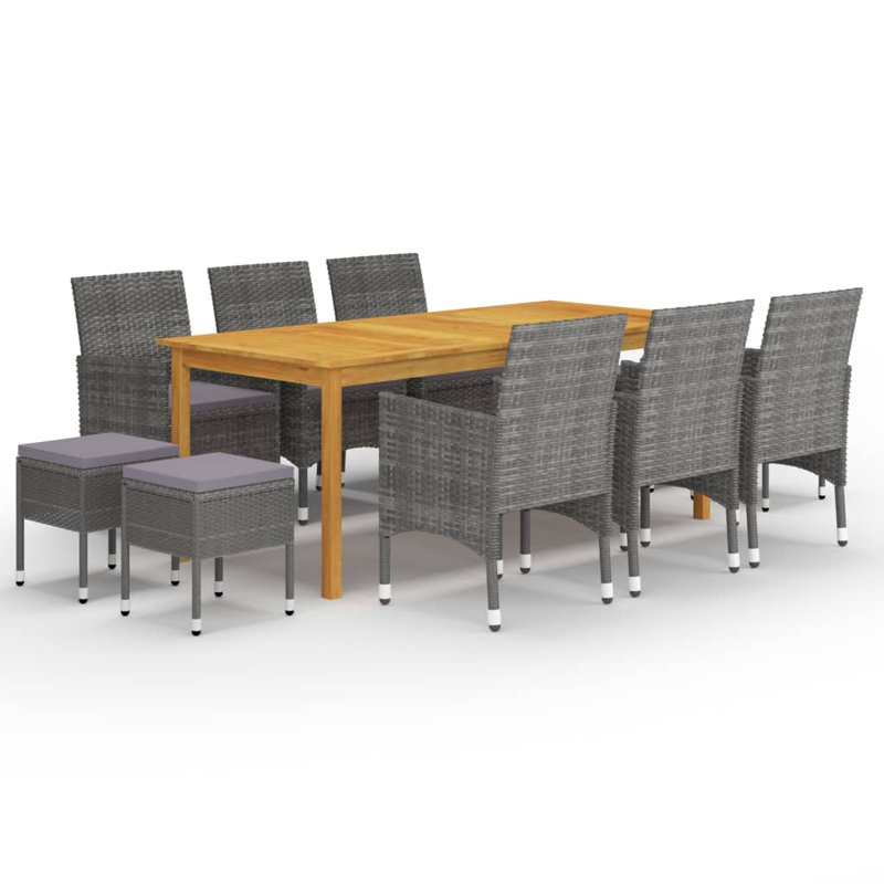  Ensemble de salle à manger en bois d'acacia massif gris, acier thermolaqué, rotin PE, Gris, Gris foncé