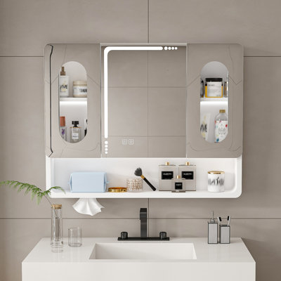 Armoire de salle de bain murale à miroir avec lumières DEL, anti-buée et anti-déflagrant, armoire à pharmacie tactile, éclairage 3 couleurs, désembueur, rangement avec verre transparent
