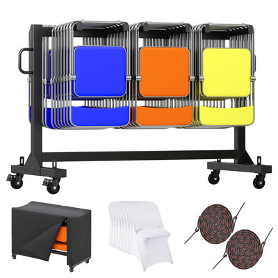  Support à chaises pliable GrandHaven AMERLIFE, peut accueillir 12 tables ou 42 chaises avec 30 housses de chaise PCS, capacité de 550 lb, chariot robuste avec roues, cordons élastiques, housse, noir brillant