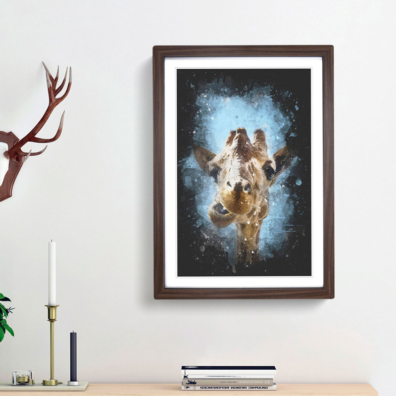 Chewing Giraffe - Framed Print, 45cm H x 33cm W x 2cm D, Walnut Framed