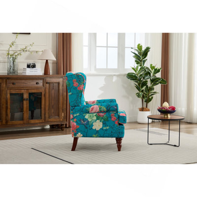 Chaise d'appoint moderne avec pieds en bois rétro, fauteuil rembourré confortable, canapé simple à motif floral pour le bureau de la chambre à coucher - Cyan floral