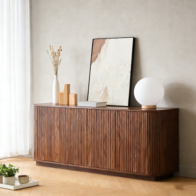64" Wave Pattern Sideboard Storage Cabinet & TV Stand, Wooden Vertical Striped Buffet For Kitchen Bedroom Entryway, Walnut