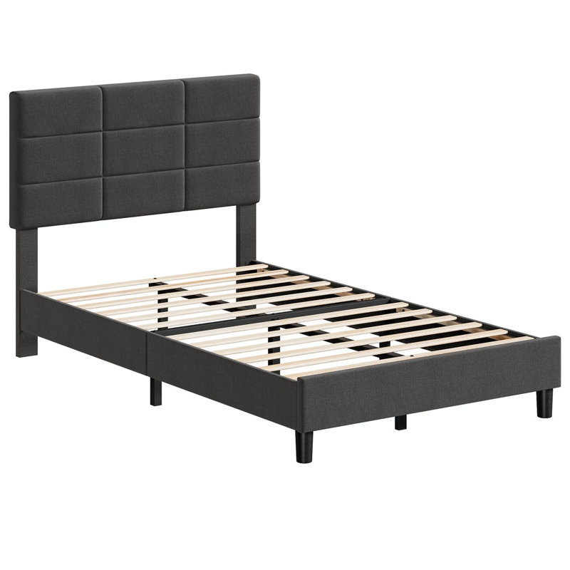 Twin Size Bed Frame with Adjustable Upholstered Headboard, Strong Wood Slats, No Box Spring Needed, Twin