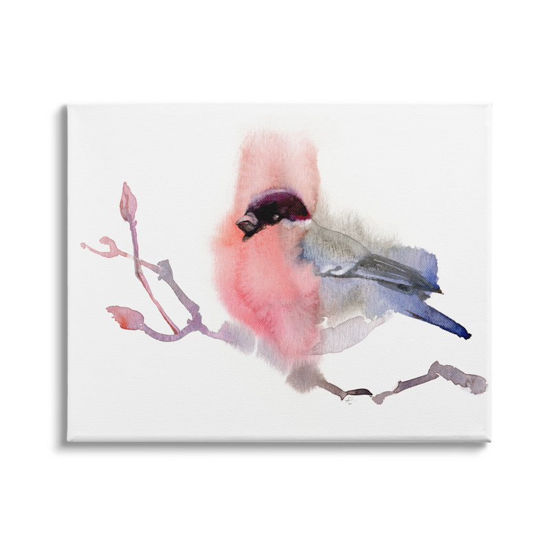 «Bullfinch on Empty Tree Branch Abstract Song Bird» par Verbrugge Watercolor, impression sur toile non encadrée, Toile tendue