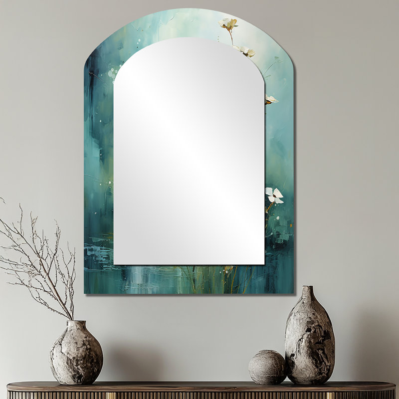 Miroir décoratif Misty Meadow IV - Paysages arqués, miroir mural asymétrique moderne, 34 po x 25 po