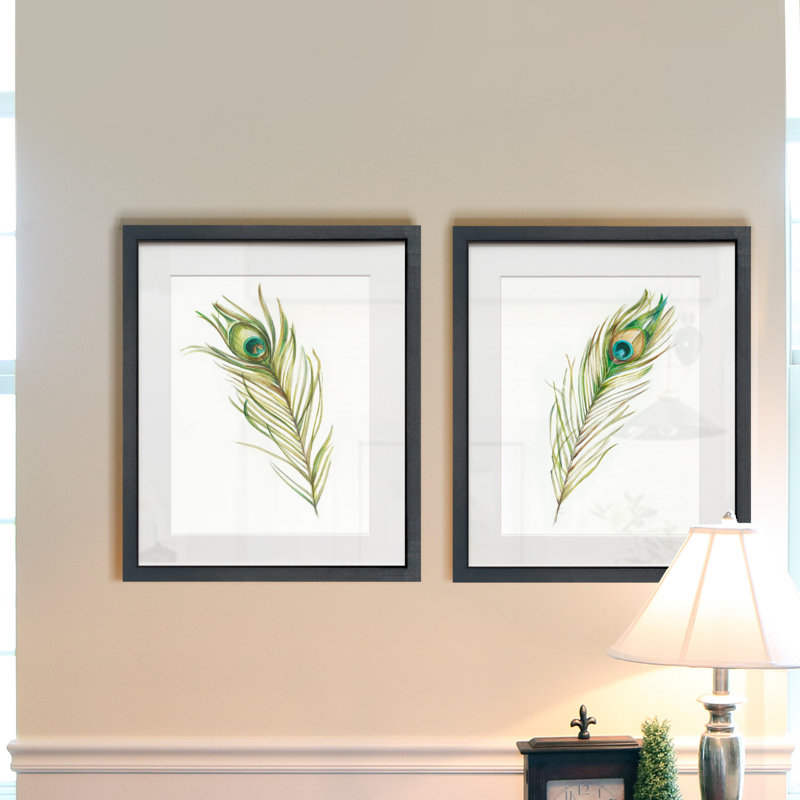 «Watercolor Peacock Feather I», ensemble de 2 reproductions d'art sur papier encadrées