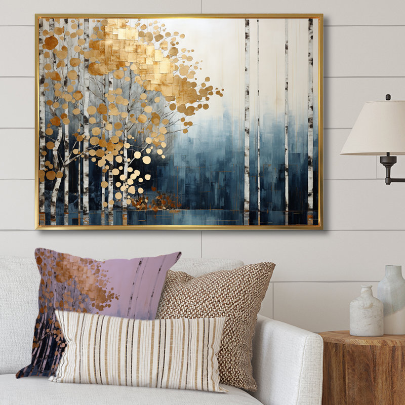 Minimalisme bleu et forêt dorée - art mural forêt, H 34 po x l 44 po x P 1,5 po, Cadre flottant doré