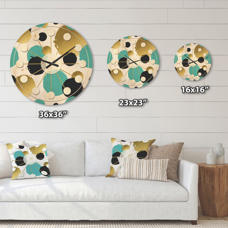 Gold And Blue Circles - Mid-Century Modern Wood Wall Clock, Large