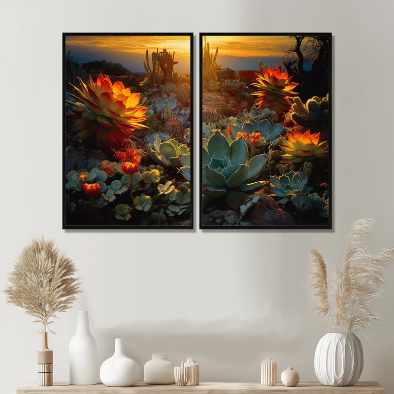«Succulent Desert Cactus Field Burning Sunset», art mural traditionnel, H 36 po x l 48 po, Impression encadrée flottante