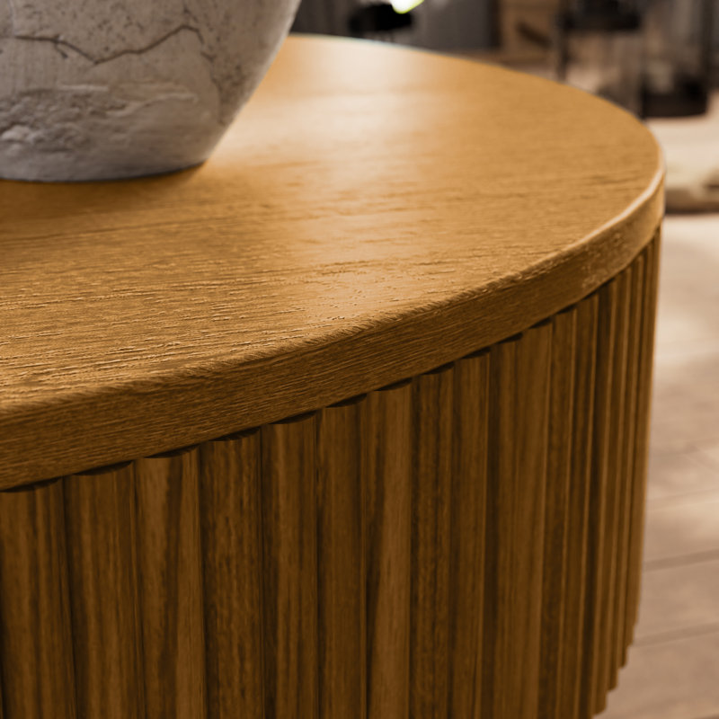 Table basse ronde 35 po fabriquée à la main en bois massif, Naturel, H 13 po x L 31 po x l 31 po