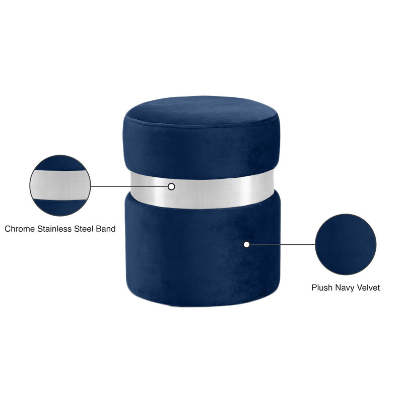 Hailey 14.5" Wide Velvet Round Cocktail Ottoman, Navy Velvet, Chrome