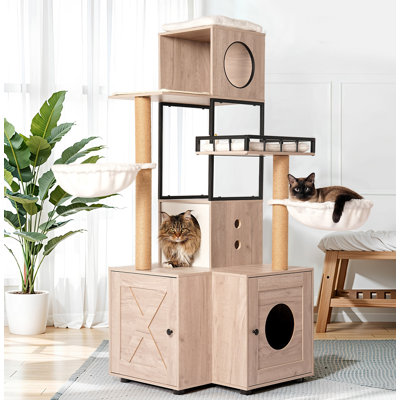 Arbre à chat avec litière, poteaux à griffer et porte-jouets