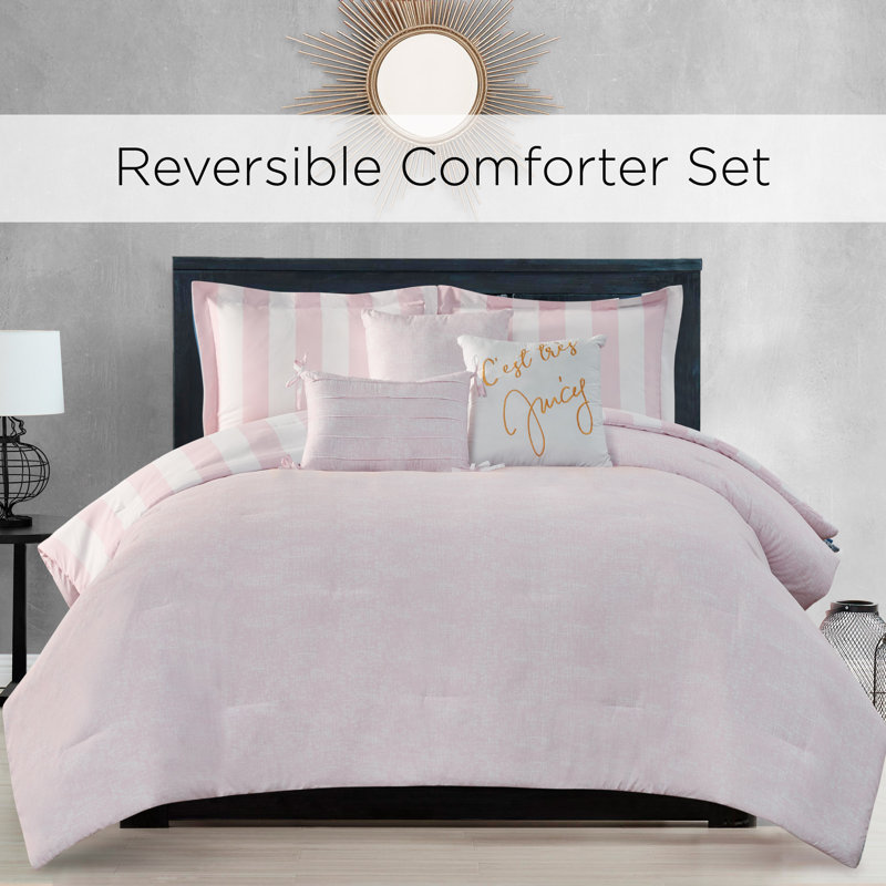 Juicy Couture Cabana Stripe Comforter Sets, Twin/Twin XL Comforter + 1 Sham + 3 Throw Pillows, White/Dogwood Pink