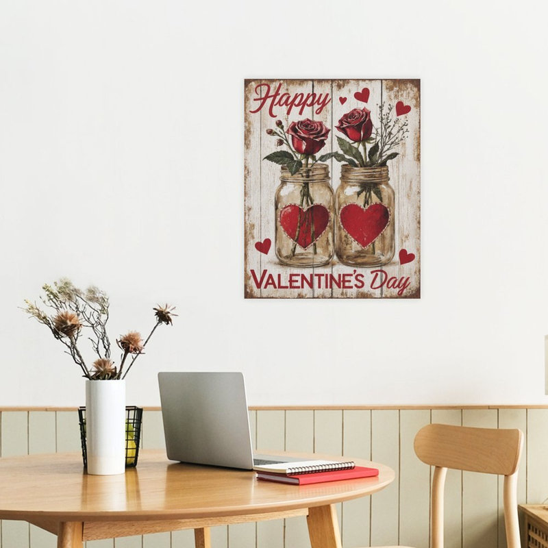 Roses rouges dans des pots Mason, cadre en bois intégré, l 16 x L 20