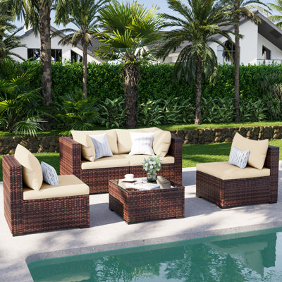 Ensemble de conversation modulaire en rotin PE pour l'extérieur, ensemble de mobilier de patio 5 pièces avec structure en acier, canapé modulaire d'extérieur avec table basse pour terrasse sur le balcon arrière