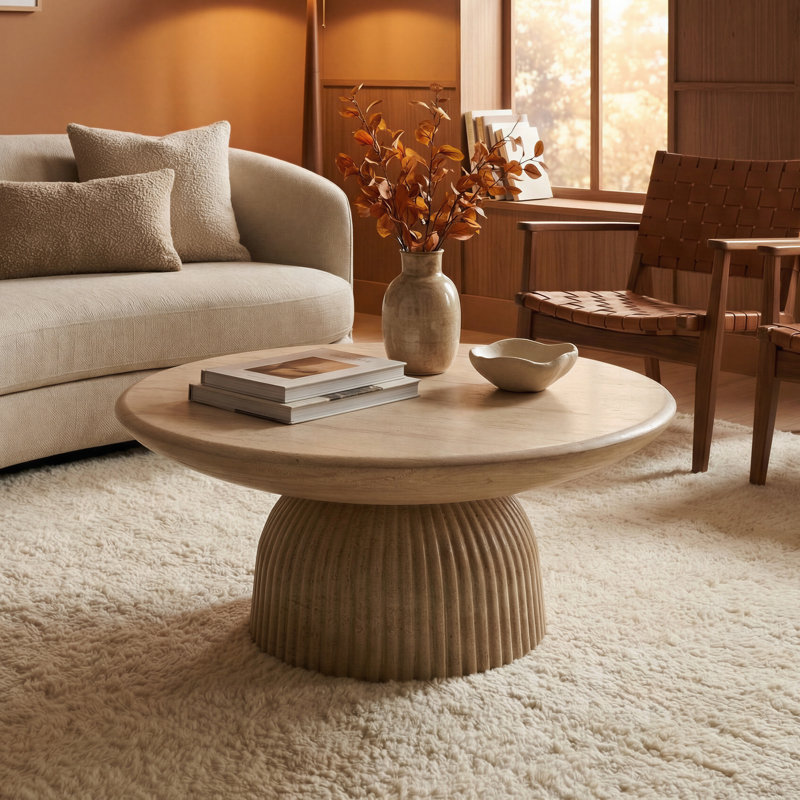 Tithi Round Concrete Coffee Table, 13.8" H x 31.5" W x 31.5" D, Faux Travertine
