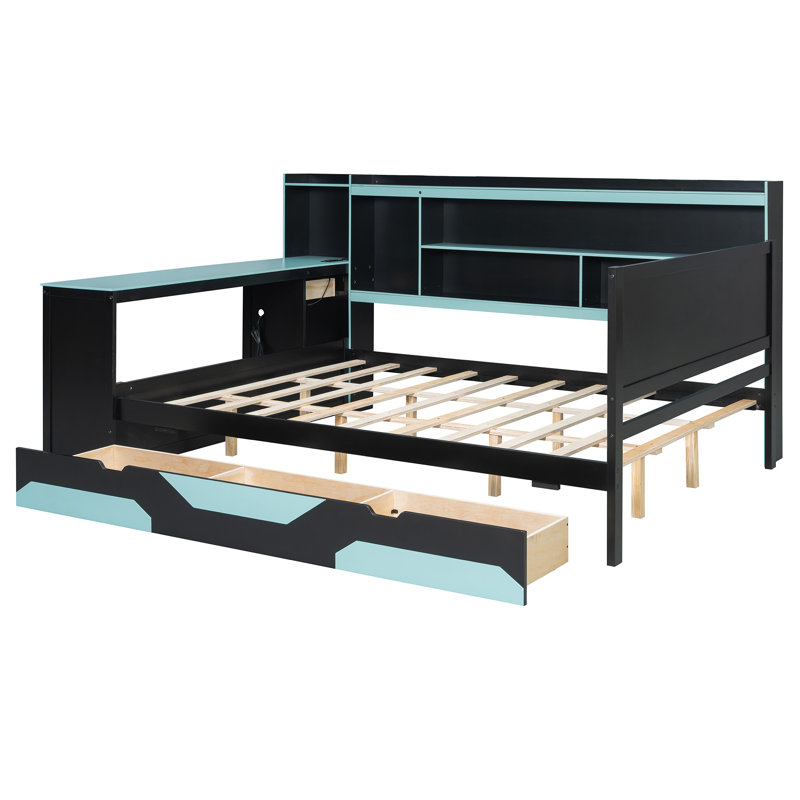 Lit de jour de jeu avec bureau et lumières intégrés, base de lit moderne avec 3 tiroirs de rangement et station de charge intégrée, bibliothèque de tête de lit multifonctionnelle