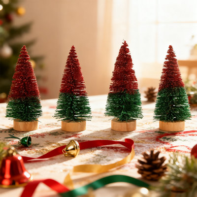 4 pièces de sapin de Noël artificiel à blocs de couleur en forme de bloc de pin avec base en bois, sapins de Noël pour la décoration de fête