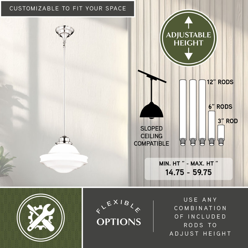Luminaire suspendu simple à 1 lumière Owen, Verre à lait, Nickel satiné