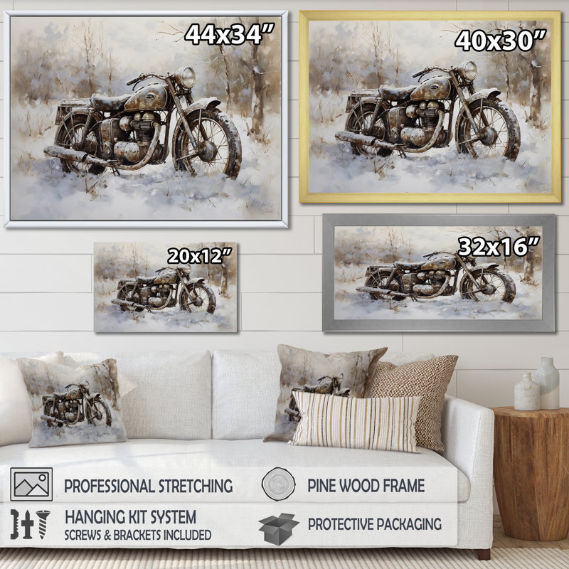 «Old Rustic Bike In Winter - Moto, art mural sur toile, H 30 po x l 40 po x P 1,5 po, Cadre simple noir