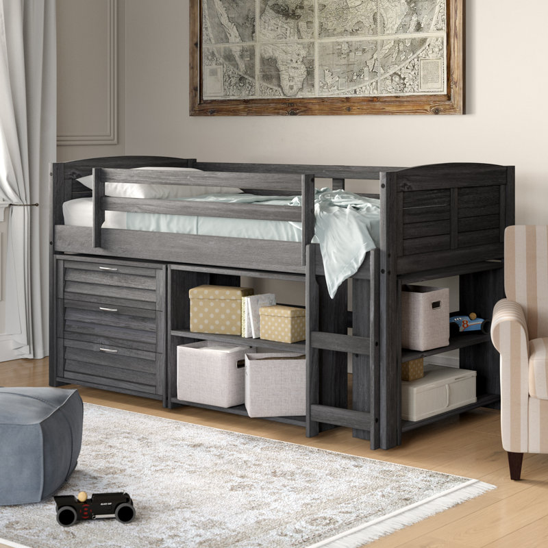 Hagen Twin Solid Wood Loft Bed with Bookcase by Sunside Sails, Antique Gray