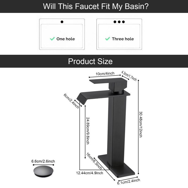 Robinet de lavabo vasque de salle de bain à poignée simple avec bonde escamotable, Noir mat