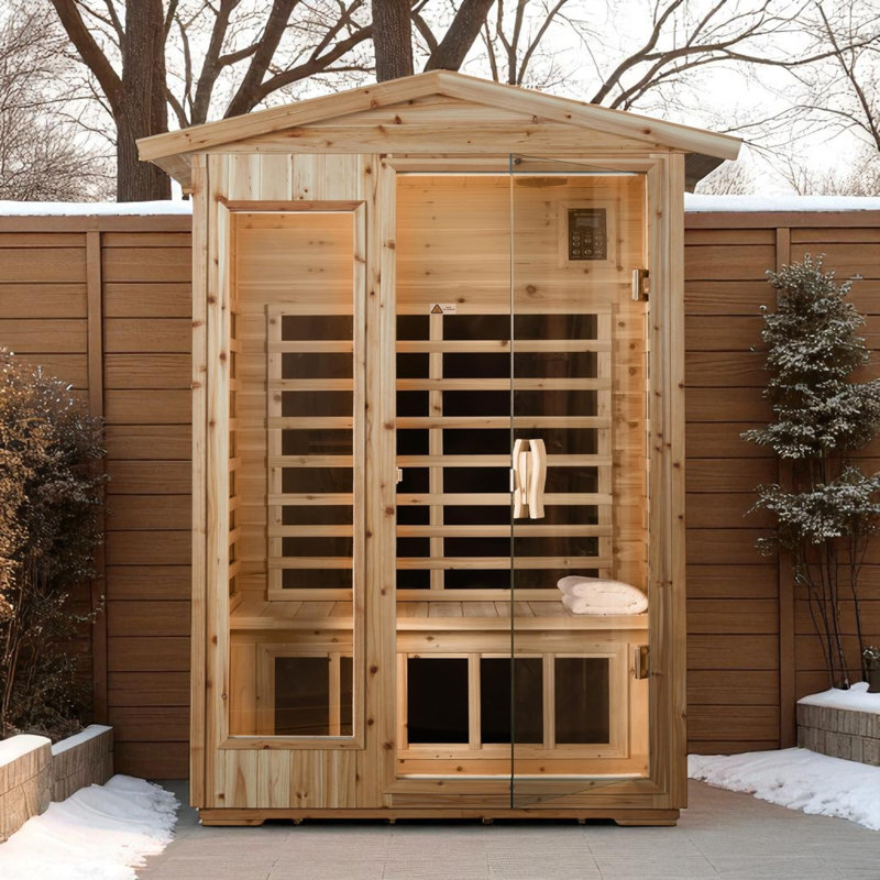 Le sauna d'extérieur KISRAIS pour 2 personnes à faible intensité électromagnétique et à infrarouge lointain résiste à la température extérieure de 4 ℉ à 104 ℉ avec lumières de chromothérapie, lampes de lecture, haut-parleurs Bluetooth | Sauna personnel à chaleur sèche intérieure / extérieure pour la maison et le gymnase - fabriqué à partir de vieux sapin canadien