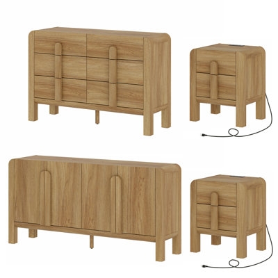 4 Pcs Bedroom Set, 6 Drawer Double Dresser And Nightstand Sets For Bedroom, Mid Century Modern Night Stand Set Of 2 With Curved Profile Design