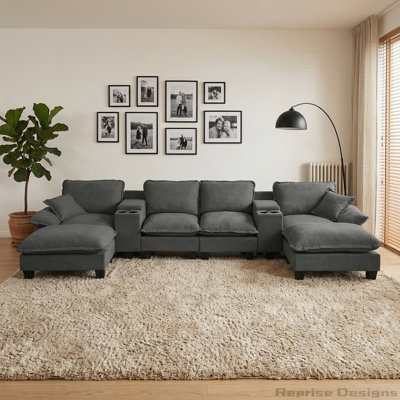 Canapé modulaire Cloud, canapé voilier en U avec 2 consoles centrales de rangement et porte-gobelets, port USB, 2 repose-pieds et 2 coussins, chenille pour appartement et salon