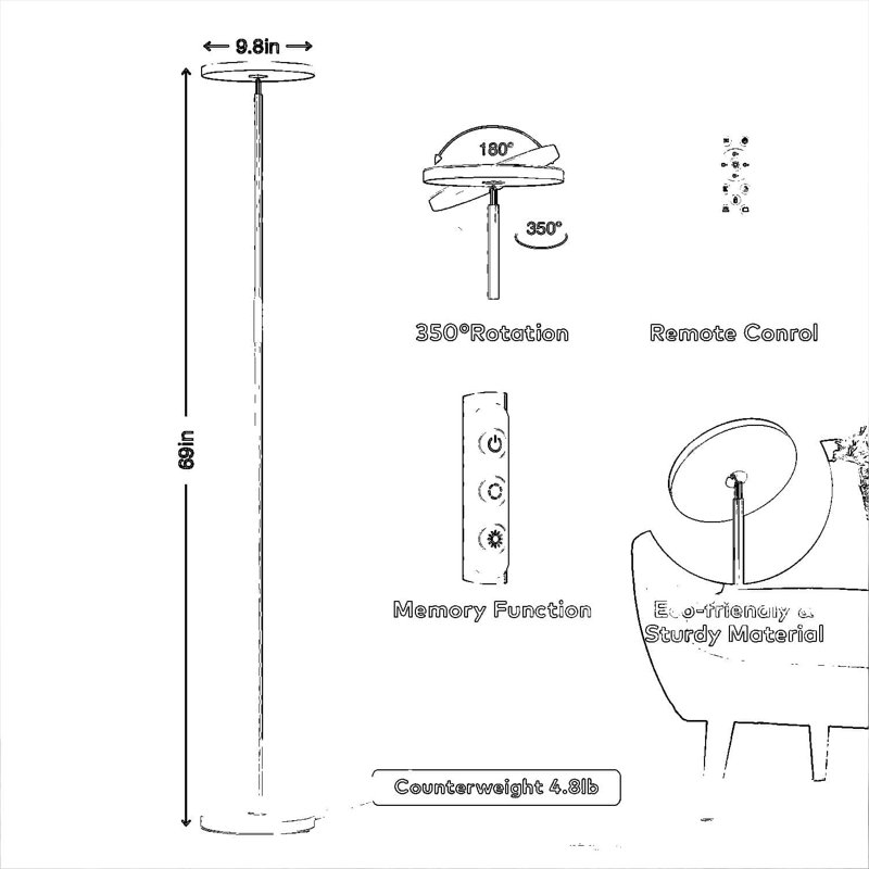 Lampe sur pied moderne à DEL avec télécommande, éclairage à intensité variable de 3500LM, température de couleur réglable de 2700K à 6500K pour le salon, la chambre à coucher et le bureau