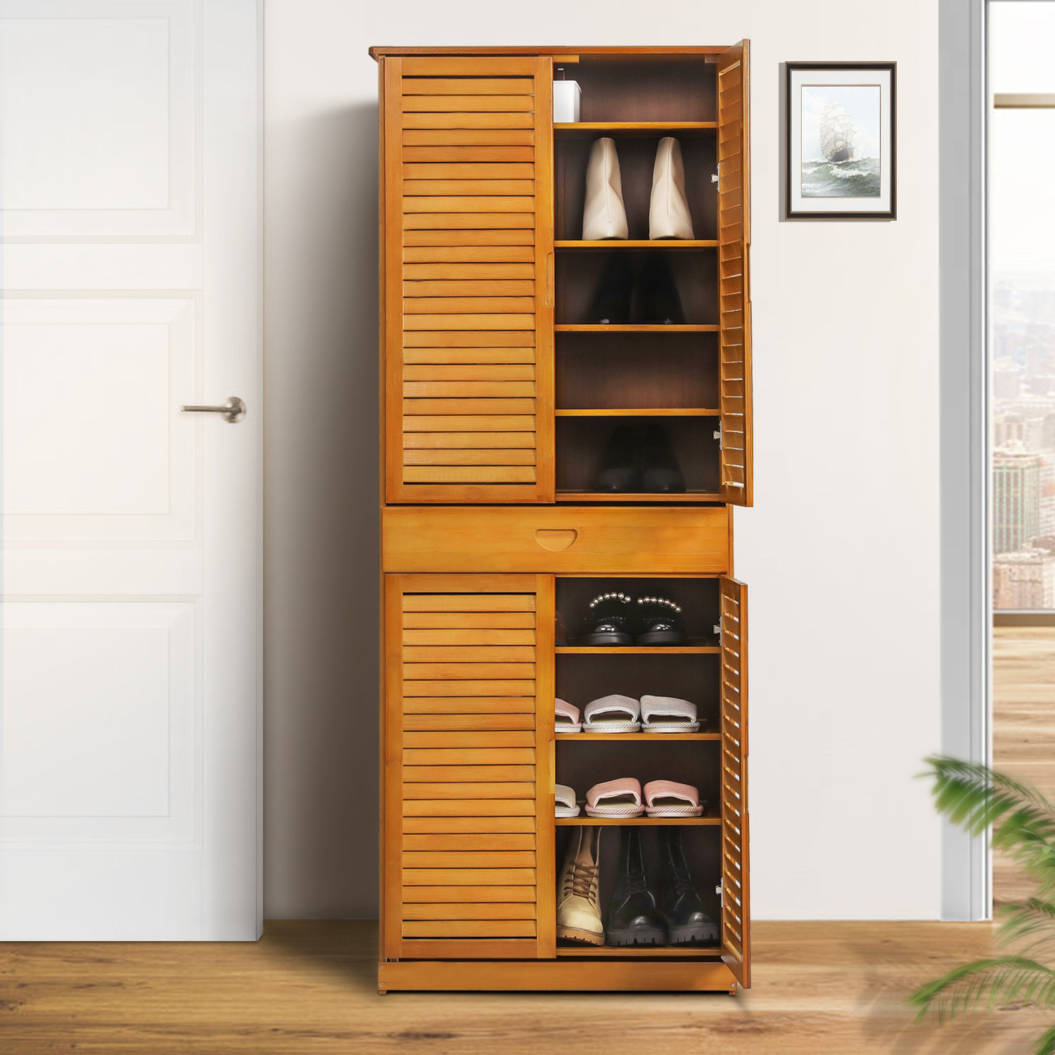 26 Natural Bamboo[BOOTS STORAGE]Dual Shutter Doors 3-Tier Shoe Cabinet  w/Drawer