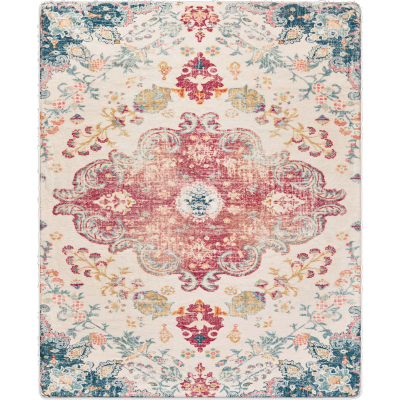 Tapis lavable délavé à médaillon ivoire et rose 3 pi x 5 pi