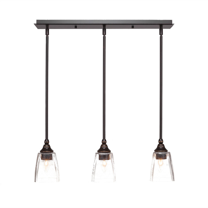 3 Light Stem Hung Linear Pendalier Shown With 4.5" Square Clear Bubble Glass, Brushed Nickel