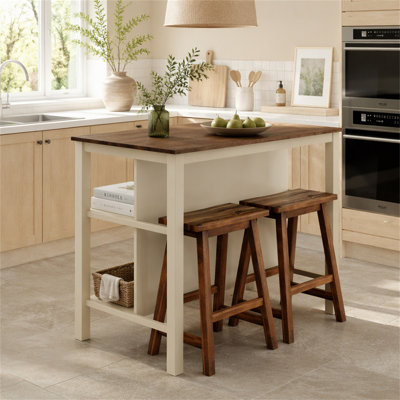 Solid Wood Rustic 3-piece 45" Stationary Kitchen Island Set with 2 Seatings, Rubber Wood Butcher Block Dining Table Set Prep Table Set with 2 Open She
