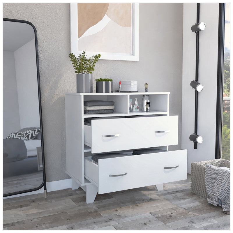 Commode à deux tiroirs, deux tablettes ouvertes, plateau, quatre pieds - blanc, Blanc