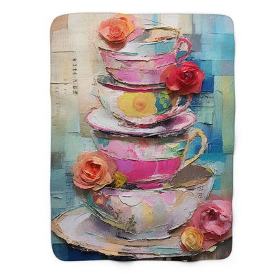 Whimsical Tea Time - 1 Piece Premium Sherpa Blanke Throw Blanket