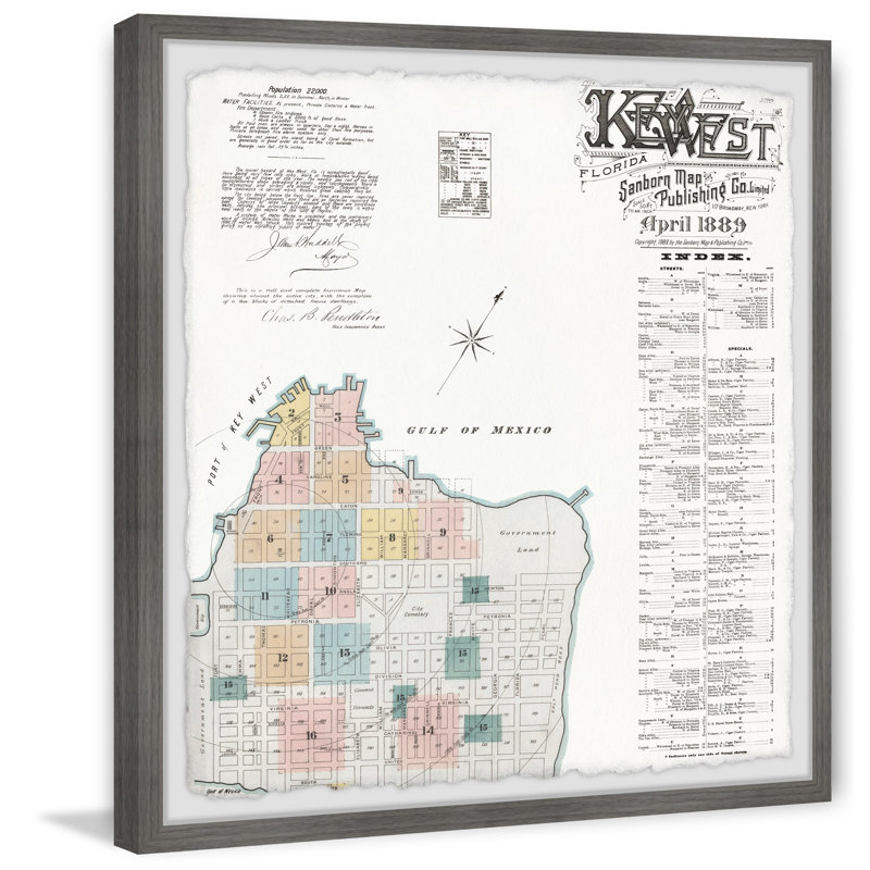 «Vintage Map of the Key West», reproduction d'art graphique sur papier encadrée, H 32 po x l 32 po x P 1,5 po